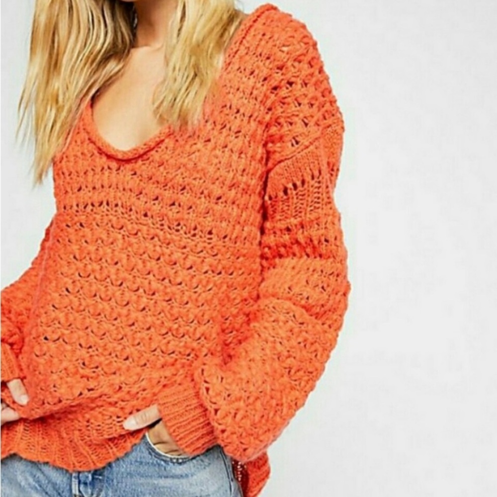 Free People layering Sweater Womens Large Knit Wool Blend Oversized Orange